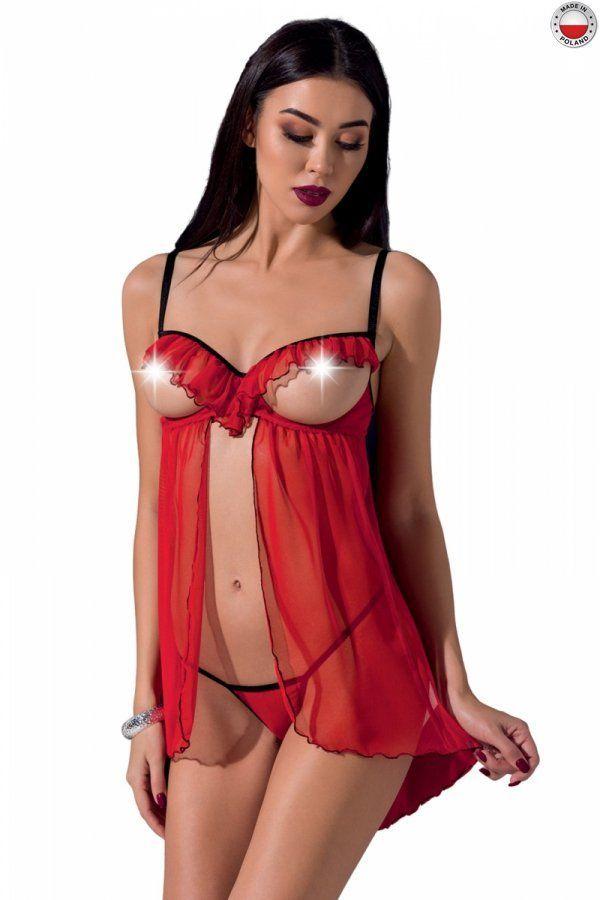 

Прозрачный пеньюар с открытой грудью CHERRY CHEMISE red S/M - Passion Exclusive, трусики