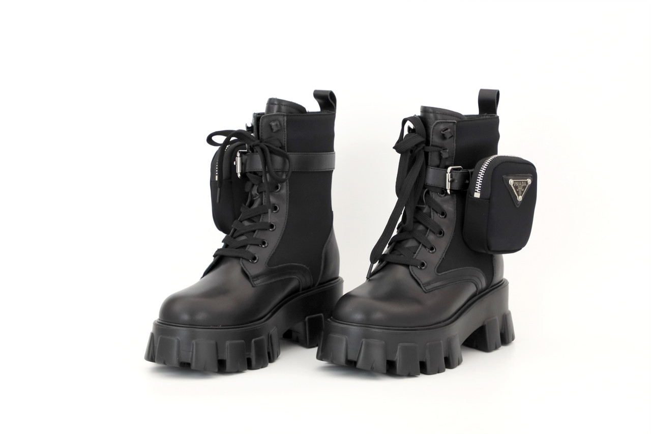 Осінні боти Прада. Жіночі черевики Prada Leather Boots Nylon Pouch  демісезонні чорні лакові, ціна 2900 грн. - Prom.ua (ID#1311409570)