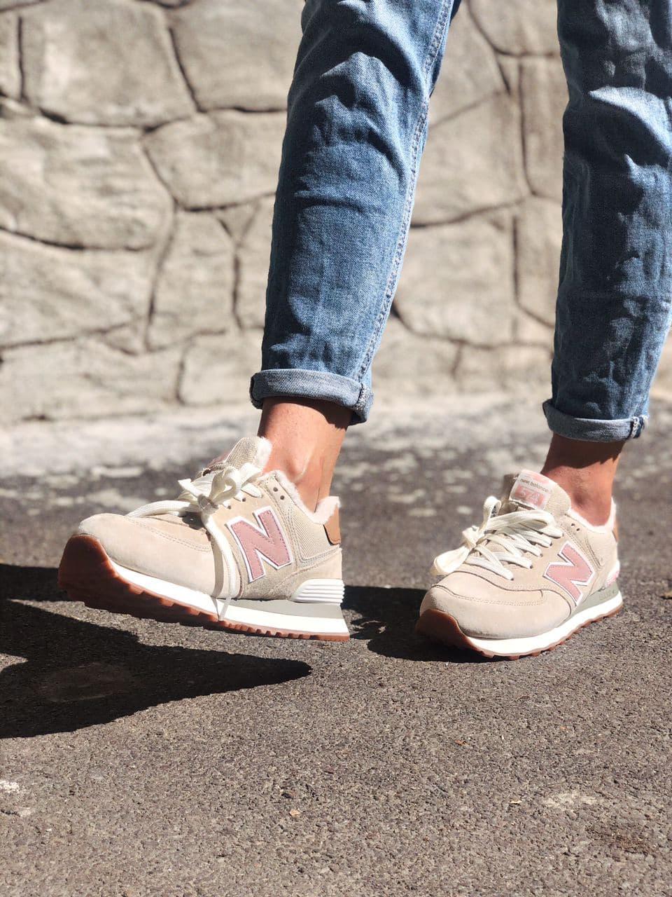 

Бежевые кроссовки с мехом на зиму New Balance 574. Зимняя обувь для мужчин и женщин Нью Баланс 574., Бежевый