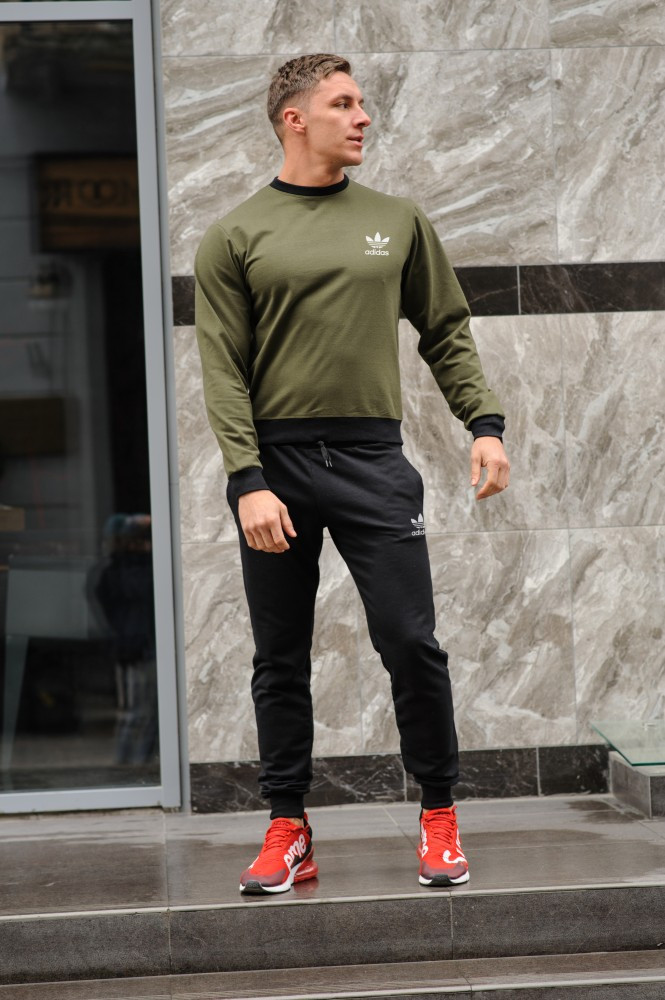 

Мужской спортивный костюм Adidas (Адидас), оливковый свитшот (хаки) и черные штаны весна-осень (реплика), Оливковый свитшот;черные штаны