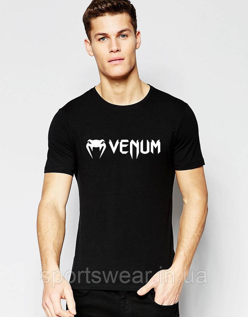 

Футболка мужская Venum спортивная чёрная белый лого Венум. Коттоновая трикотажная футболка с принтом Веном