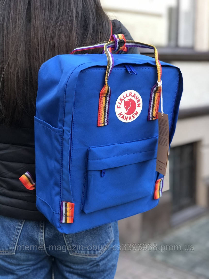 

Рюкзак Fjallraven Kanken Classic Blue синий канкен классик радуга с разноцветными ручками 16л ТОП ААА+ реплика