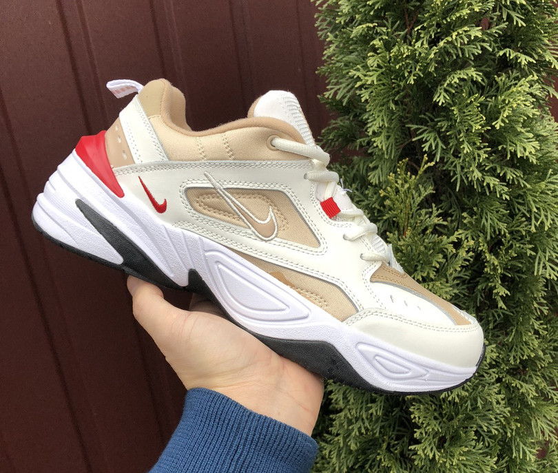 

Мужские повседневные кроссовки Nike M2K Tekno кожаные, в стиле Найк бежевые с белым и красные, Бежевые с белым и красным