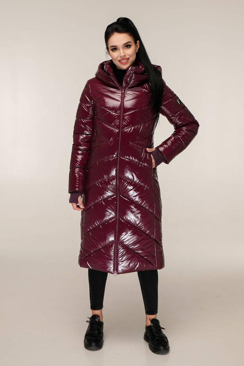 Зимняя женская куртка пуховик лаковый бордовая 48