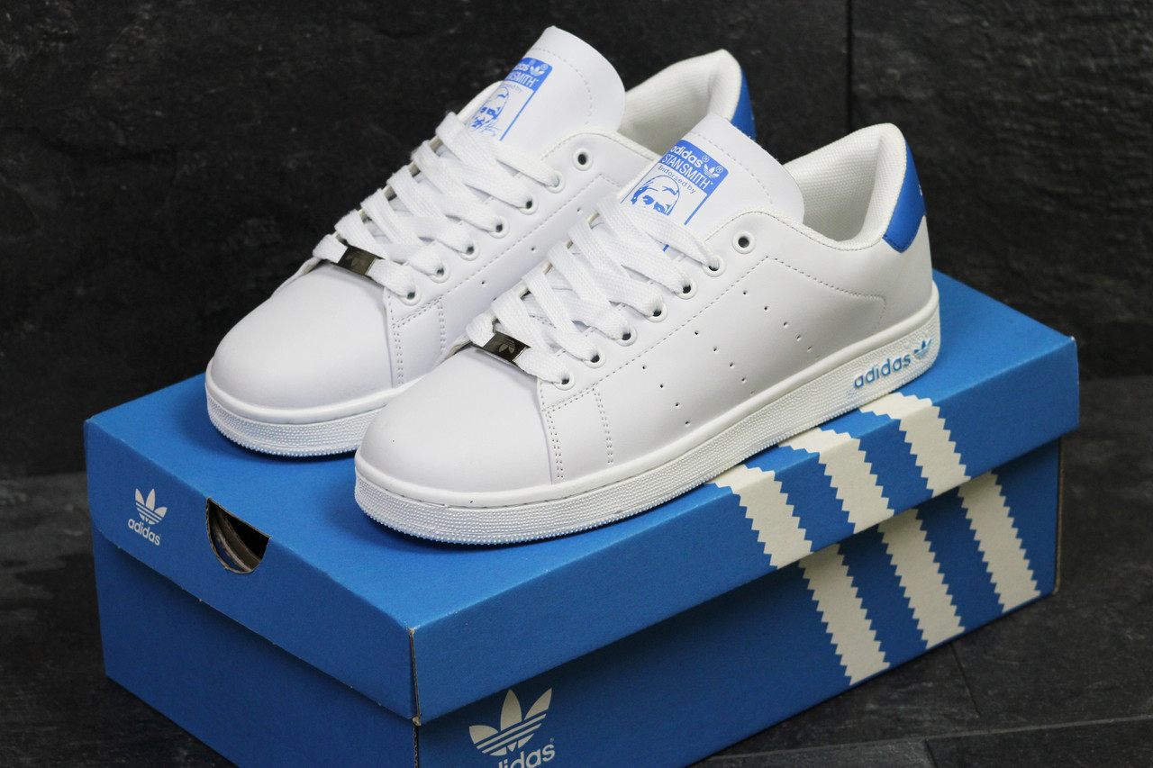 

Мужские кроссовки в стиле Adidas Адидас Stan Smith, белые с синим 41 (26 см), Белый