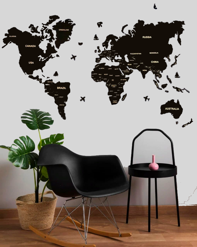 Monochrome world map wallpaper on a home wall