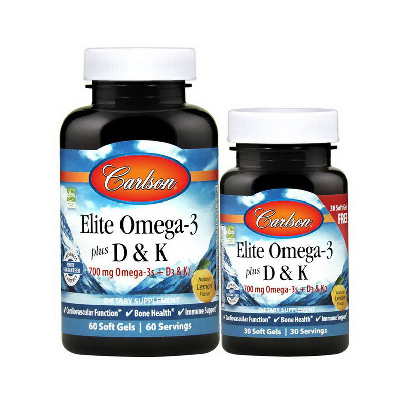 

Рыбий жир с витаминами D3 и K2 Carlson Labs Elite Omega-3 700 mg plus D3 & K2 60 + 30 soft gels