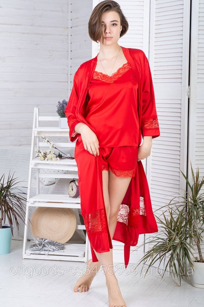 

Комплект шовковий піжама с удлиненным халатом К1104п Червоний