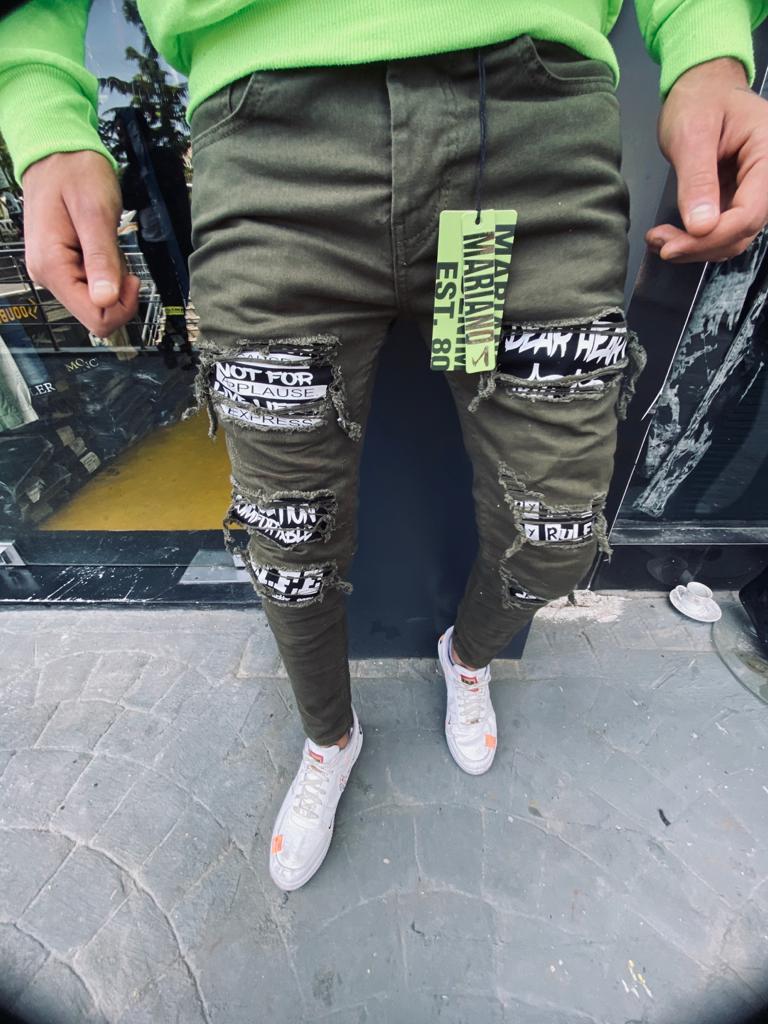 

Зауженные мужские стильные джинсы MN Jeans темно-оливковые "рваные"