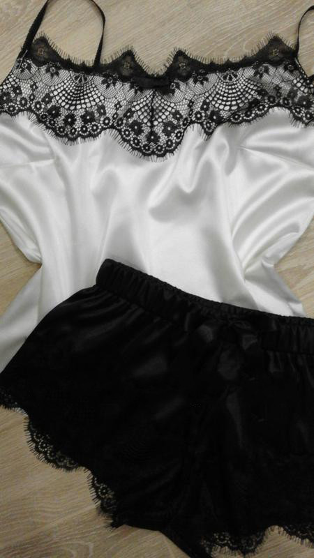 

Женская атласная пижама, атлас, французское кружево, размер 44-46, 40-42, 48-50, черно-белый