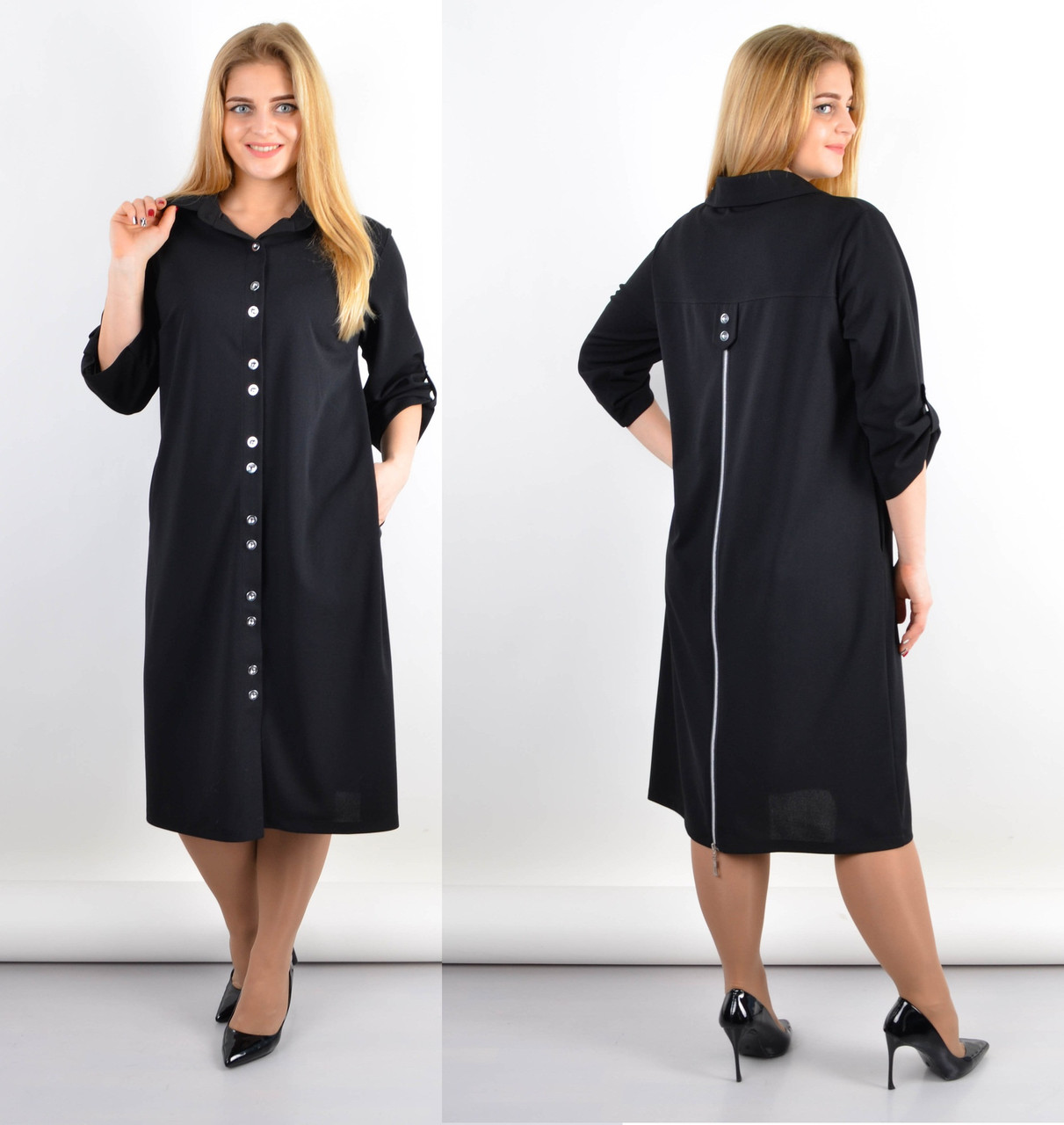

Удлиненное черное женское платье рубашка на пуговицах 50-52 54-56 58-60 62-64