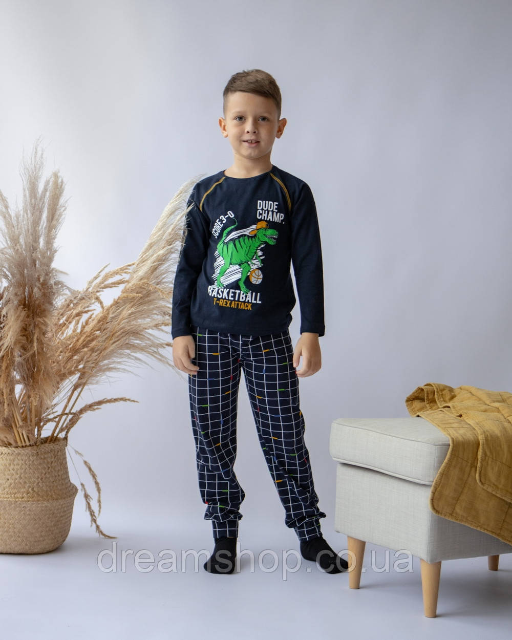 

Пижама детская для мальчиков со штанами в клеточку - Динозавр, Синий