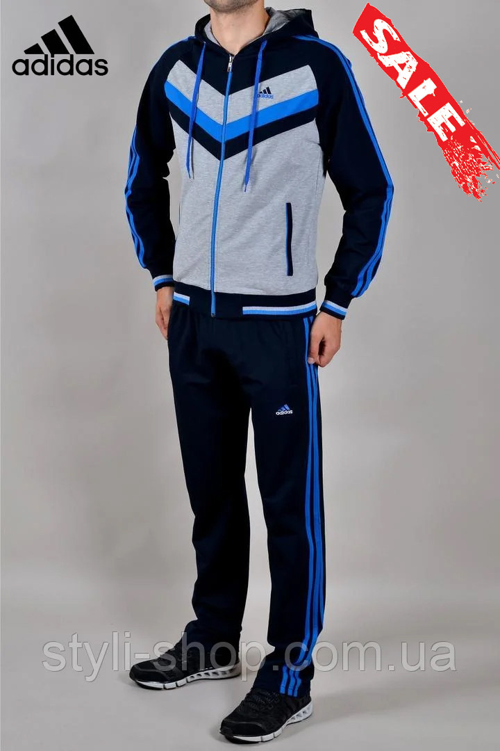 

Мужской трикотажный спортивный костюм Adidas (Адидас) (180-4) с капюшоном, осенний весенний, Светло-серый