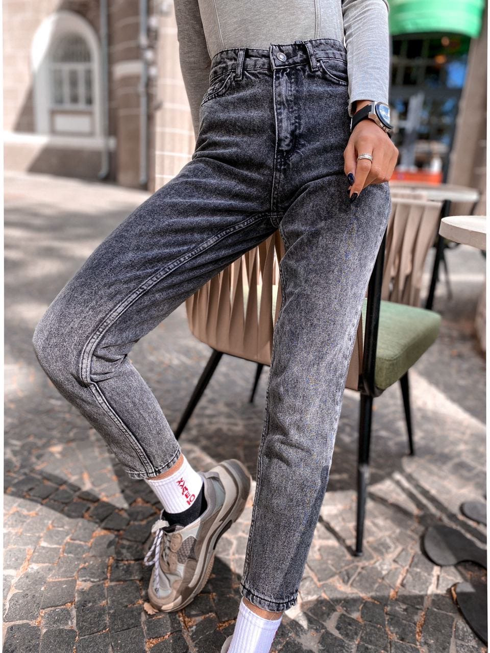 

Джинсы МОМ женские модные MOM JEANS GRAPHITE DARK