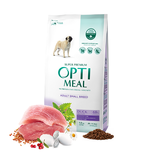 

Корм opti meal(оптимил) для взрослых собак малых пород утка 4