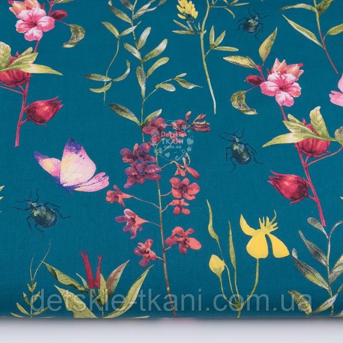 Тканина бязь "Орхідеї, жучки та метелики" на смарагдовому фоні, №3229