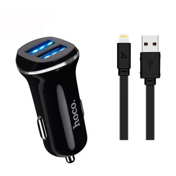 

Зарядка в прикуриватель 2 выхода 2USB Hoco Z1 Black (2.1A) + кабель для айфон