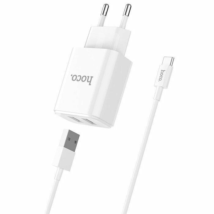 

Зарядка сетевая 2USB Hoco C62A White + USB кабель Тип Ц (2.1A), Белый