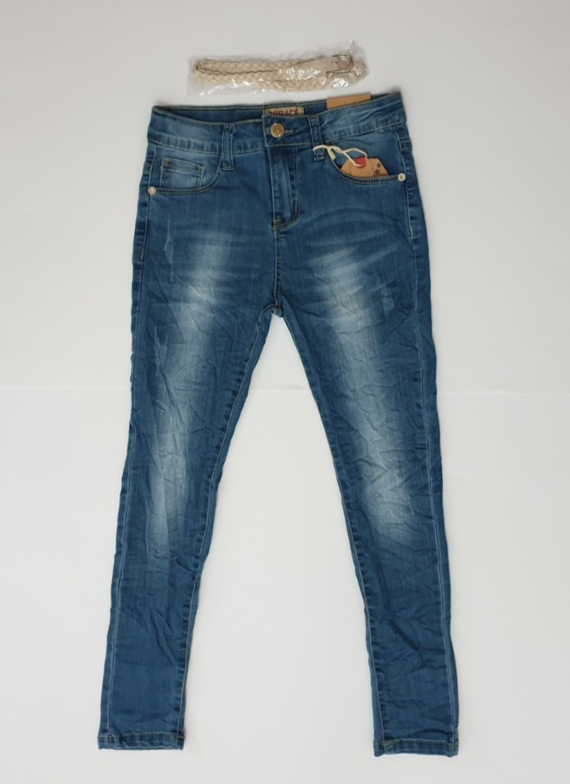 

Голубые стрейчевые зауженные джинсы для девочки с поясом 140, Голубой