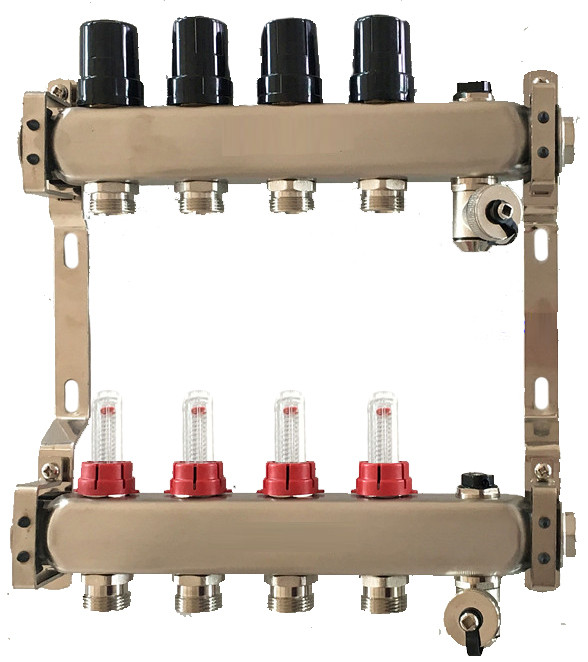 

Коллектор для теплого пола на 3 контура, с расходомерами, кран Маевского и сливным клапаном, Tervix