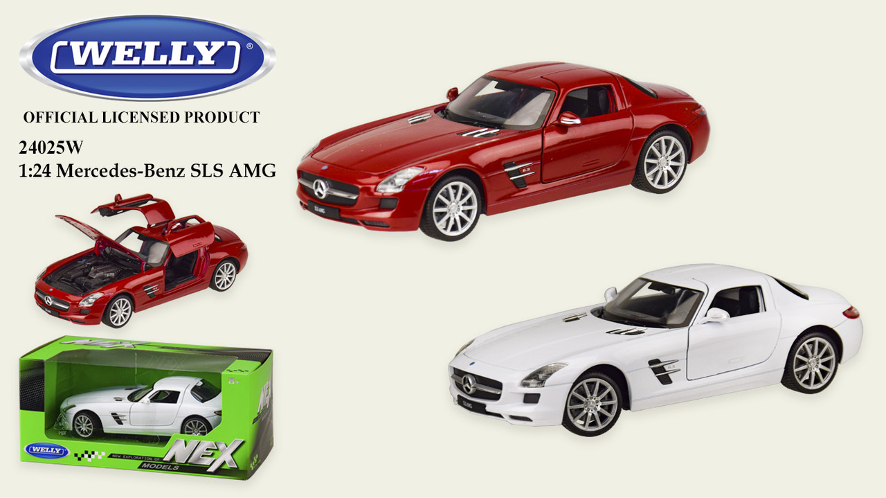 

Машина метал 24025W "WELLY"1:24 MERCEDES-BENZ SLS AMG,откр.двери,капот,2 цвета,в кор.23*11*