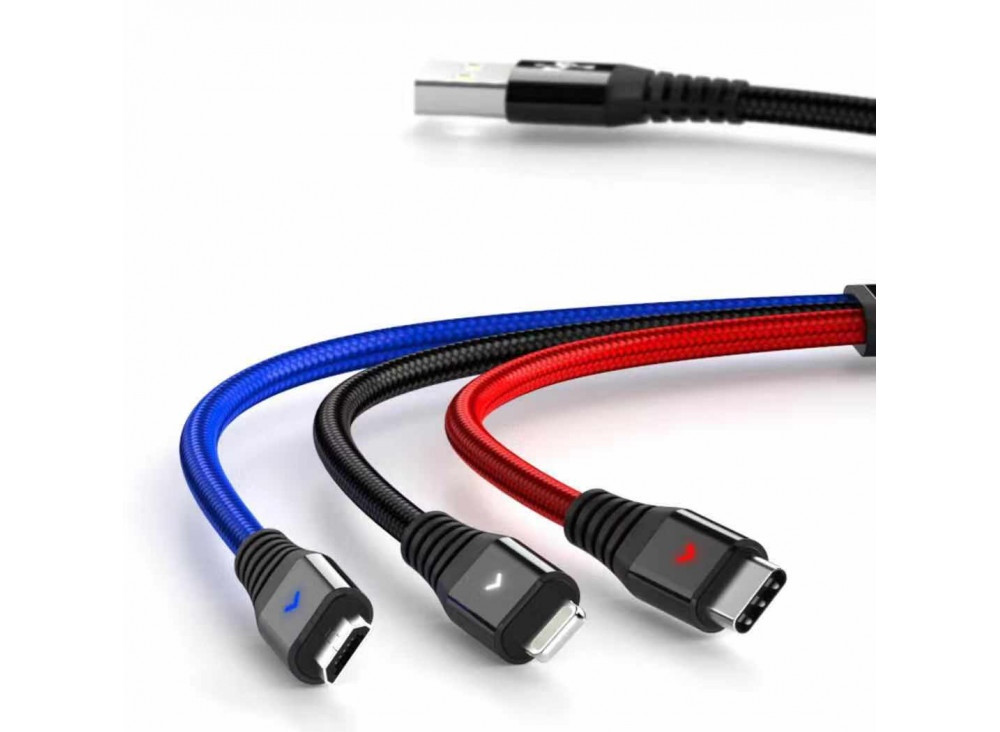 

Konfulon 3in1 Lightning+Micro+Type-C USB кабель DC08, 1.2m Blue+Black+Red, Черный