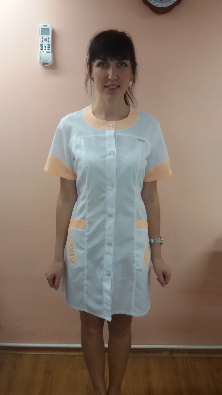 

Медицинский женский халат Азия хлопок короткий рукав 54, Белый отделка персиковая