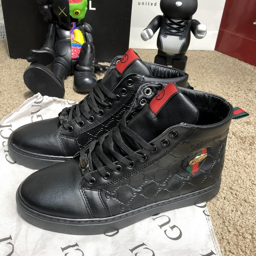 

Ботинки мужские Gucci Signature Web High Top черные, кожа, Весна/Осень, повседневные, стильные, Black/green/red