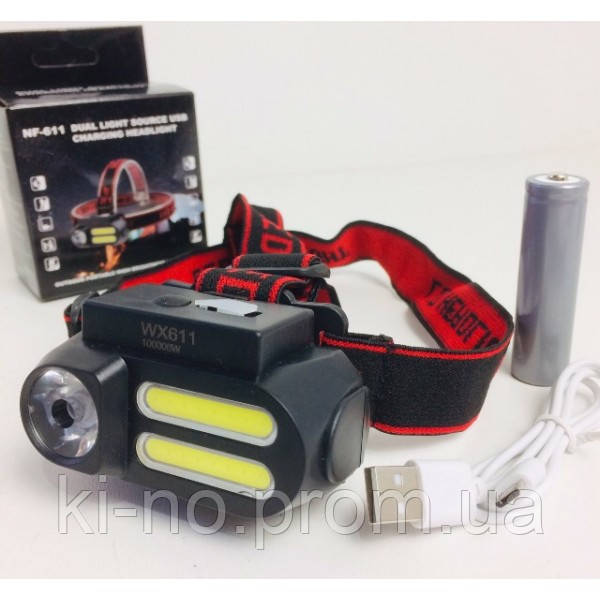 

Фонарь налобный HeadLight светодиодный аккумуляторный водонепроницаемый 4 режима освещения microUSB Черный