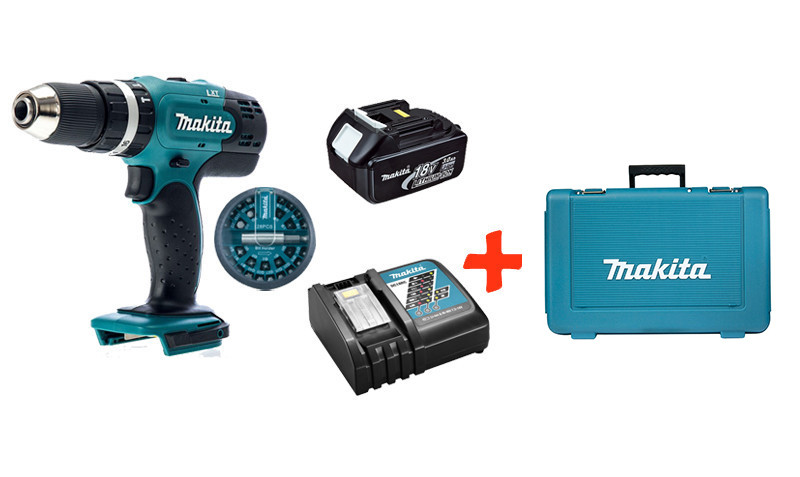 

Аккумуляторная ударная дрель-шуруповерт Makita DHP453Z+акк.18V 3 Ah+быстрозар ЗУ+набор бит+кейс (DHP453RFXK)