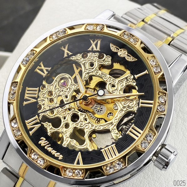 

Наручные часы Winner 8012 Diamonds Automatic Silver-Black-Gold мужские механические + подарочная коробка