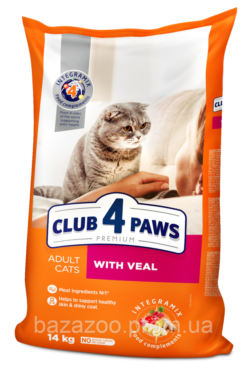 

Сухой корм Клуб 4 Лапы (Club 4 Paws) Premium для кошек с телятиной 14 кг