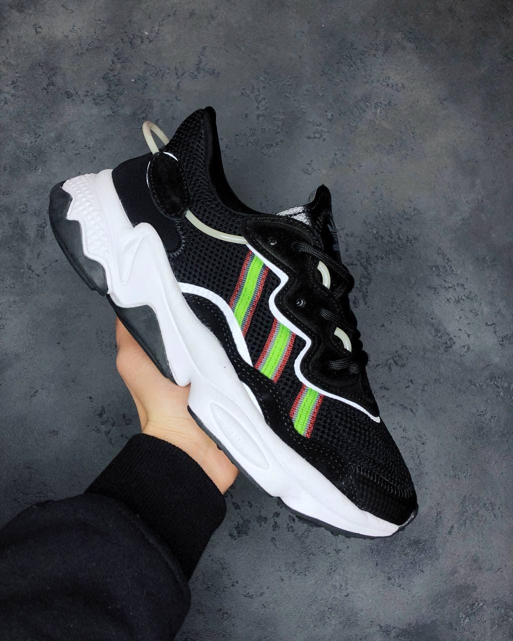 

Повседневные кроссовки мужские Adidas Ozweego Black\Green. Мужская обувь Адидас Озвиго., Черный