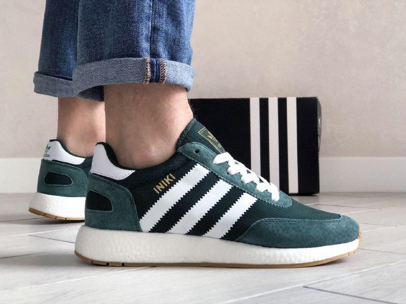 

Кроссовки Adidas Iniki темно/зелёные с белым замшевые сетчатые/сетка адидас спортивные для фитнеса, Зелёный