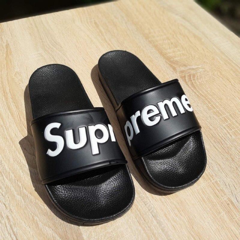 

Шлепанцы Тапочки Supreme чёрные кожанные дыщащие сюприм удобные больших/маленьких размеров, Черный