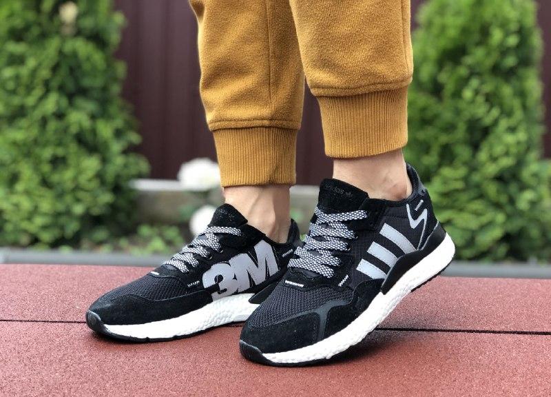 

Кроссовки Adidas Nite Jogger Boost 3M черно/белые замшевые сетчатые/сетка адидас топ для бега, Черно-белый