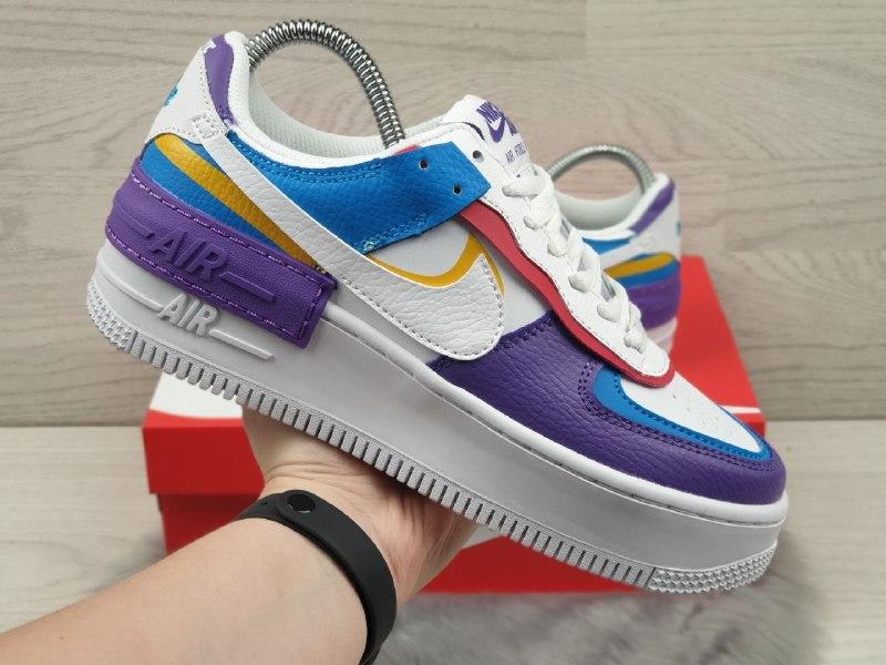 

Кроссовки Nike Air Force 1 Shadow белые с фиолетовым кожанные найк трендовые для фитнеса, Белый