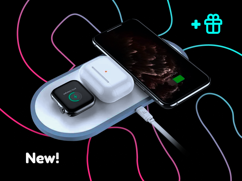 

Беспроводное зарядное устройство Hoco CW24 3в1, быстрая зарядка Apple Watch, AirPods White
