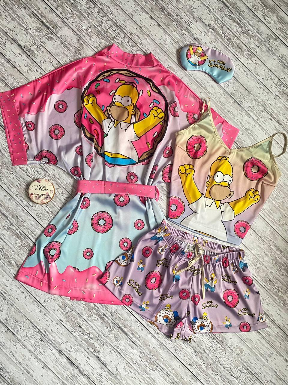 

Комплект (пижама и халат) женский шелковый с принтом Simpsons розовый