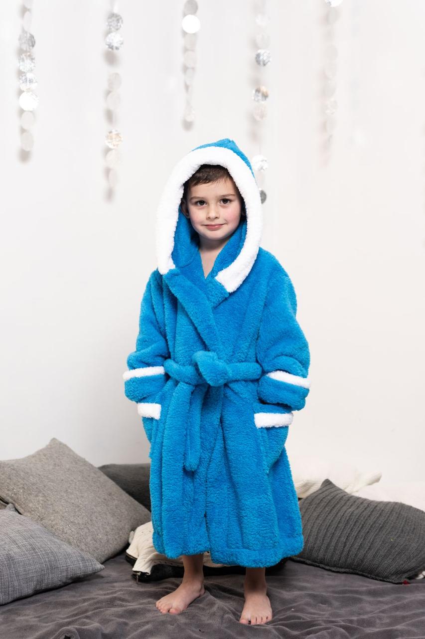 

Теплый халат для мальчика с капюшоном голубого цвета из материала велсофт 6-8 лет, Голубой
