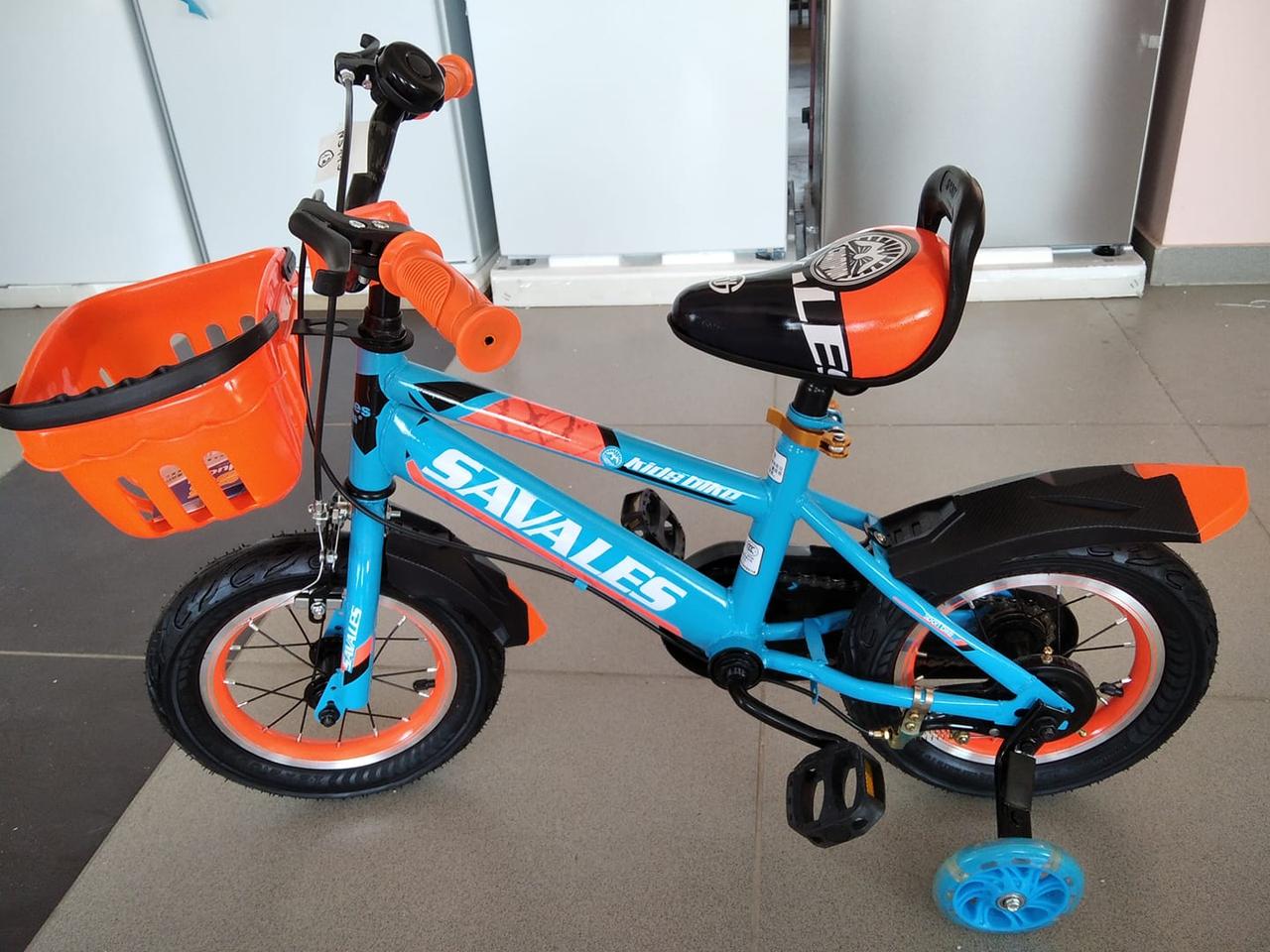 

Велосипед 12" дюймів Savales kidsbike 2-х колісний Помаранчево-голубий, ручне гальмо, кошик, доп. колеса, Оранжевый