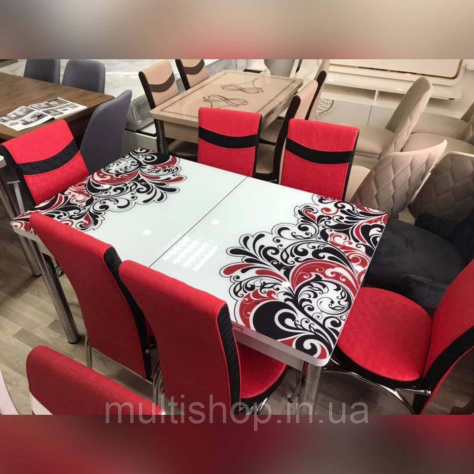 

Комплект для кухні: стіл скляний розкладний та 6 крісел з екошкіри ТУРЕЧЧИНА
