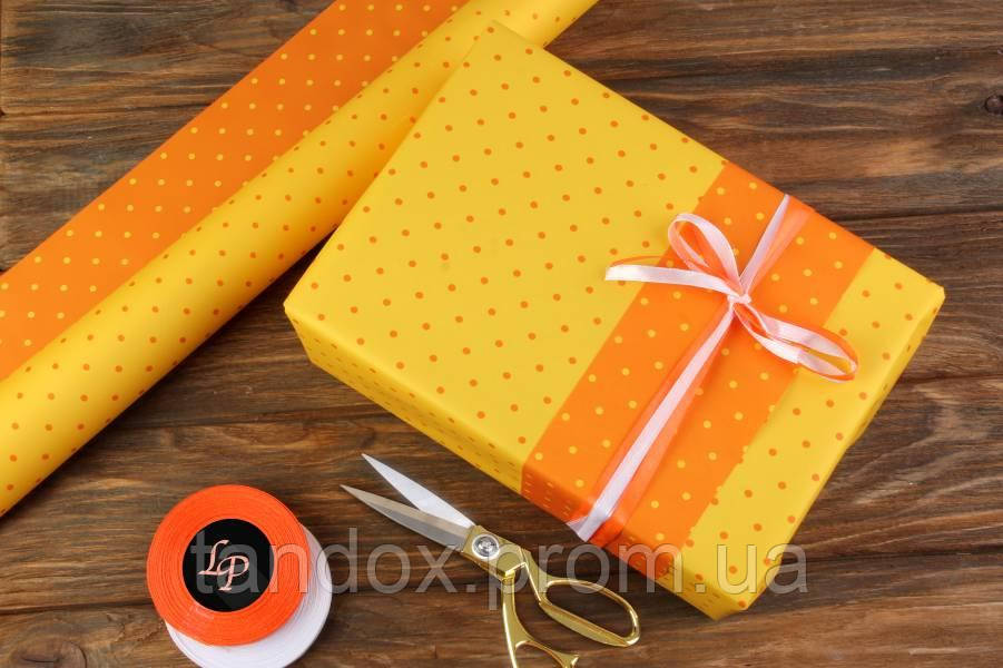 Бумага упаковочная подарочная в горошек желто-оранжевая 70см*50 см (20