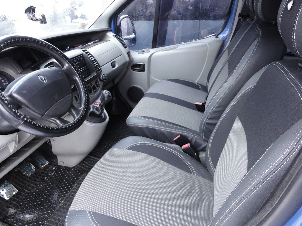 

Nissan Primastar 2002-2014 гг. Авточехлы (кожзам↗ткань, Premium) Передние 2-20211 и салон