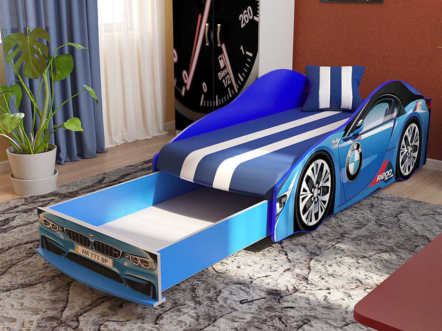 Кровать-машинка Elit E-1 Blue матрас + мягкий спойлер + подушка (8)