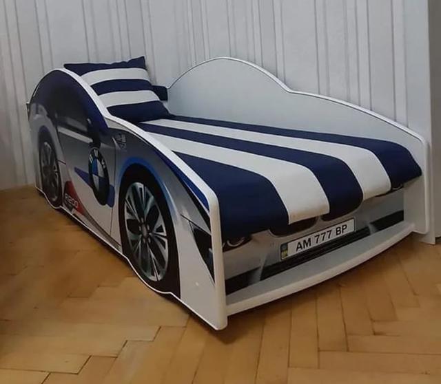 Кровать детская машина серии Elit E-1 BMW White матрас + мягкий спойлер + подушка (2)