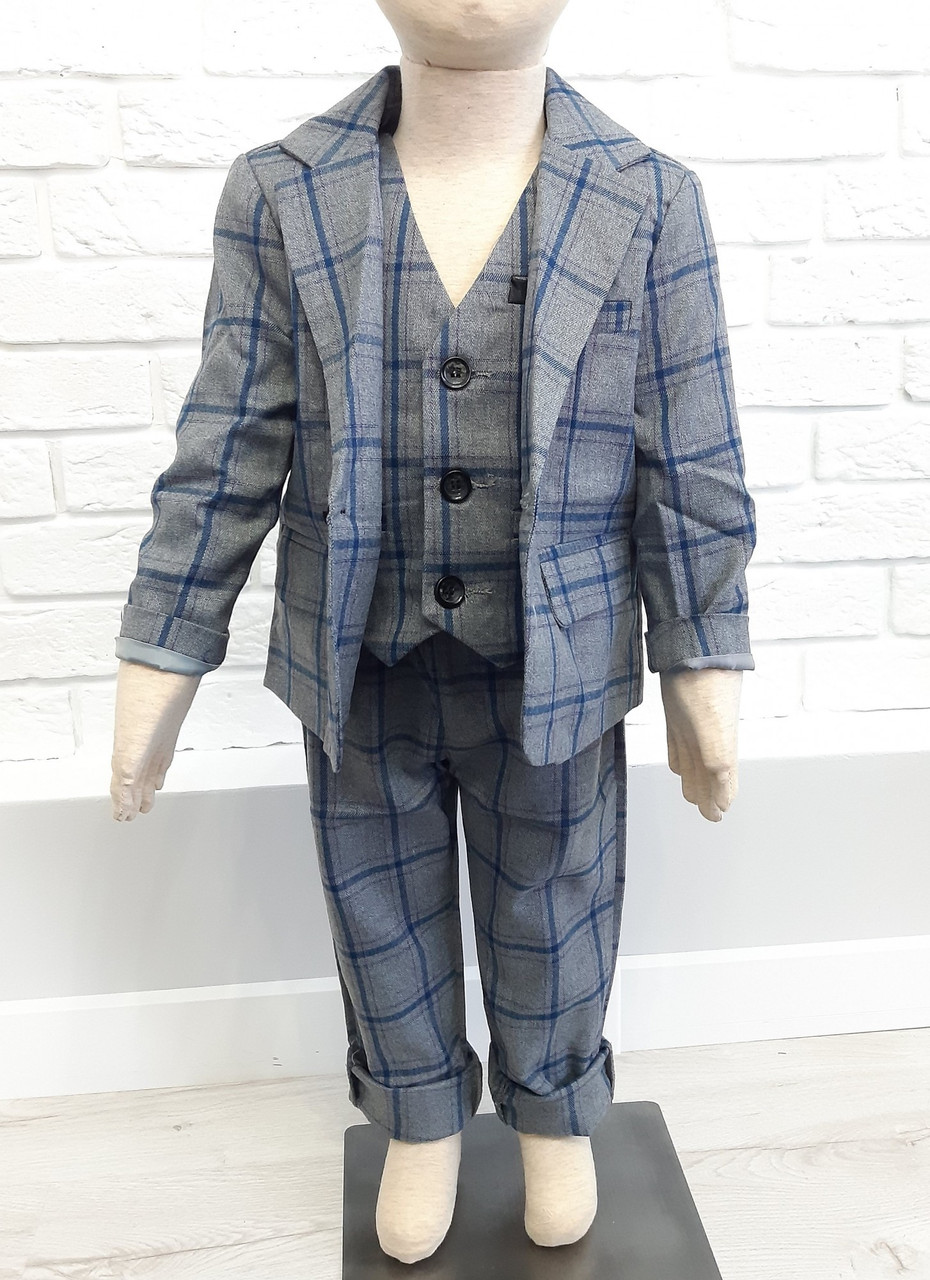 

Костюм (пиджак + брюки + жилетка) no brand 130 см серый в клеточку