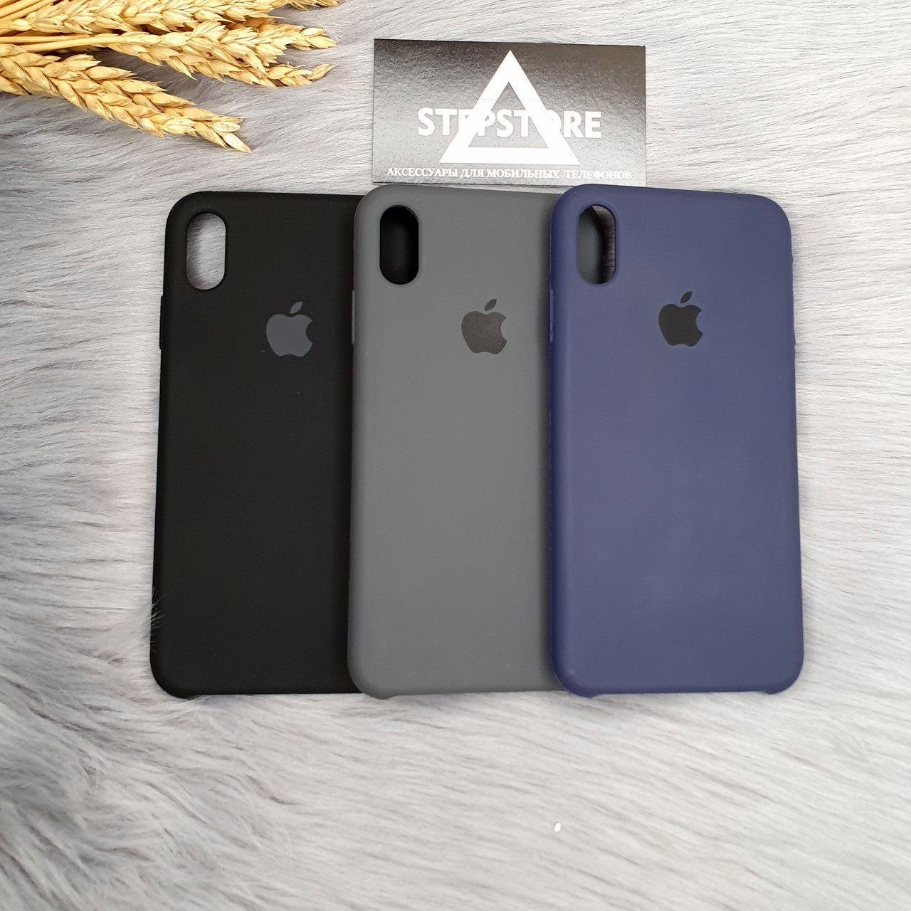 

Чехол силиконовый Silicone case для iPhone Xs max 10s max с микрофиброй серый синий противоударный soft touch, Черный