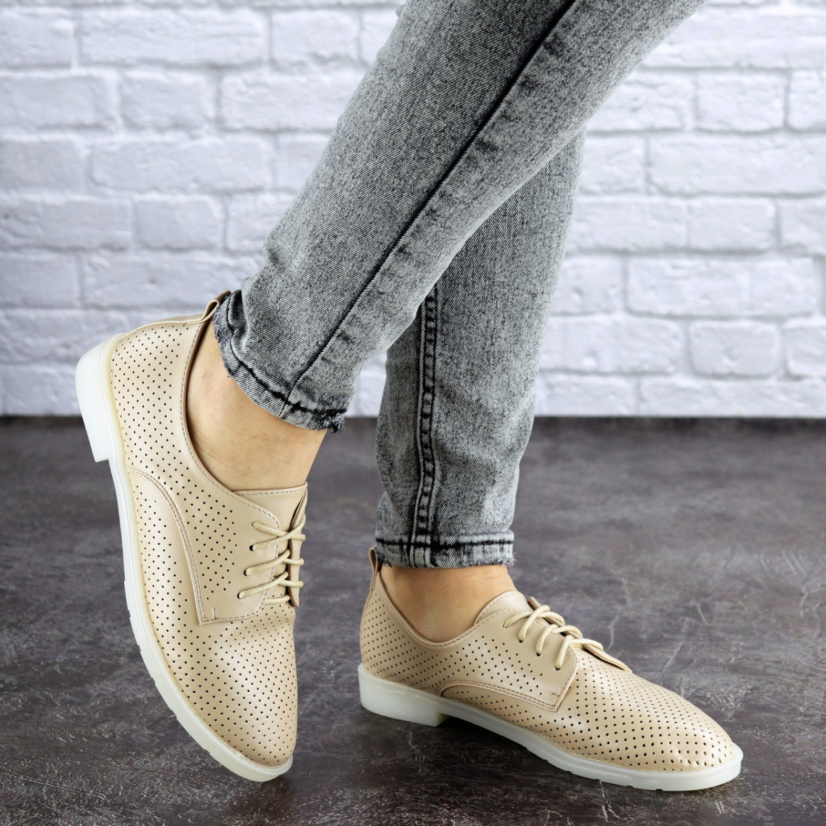 

Женские туфли бежевые кожаные Fashion стильные повседневные, Бежевый