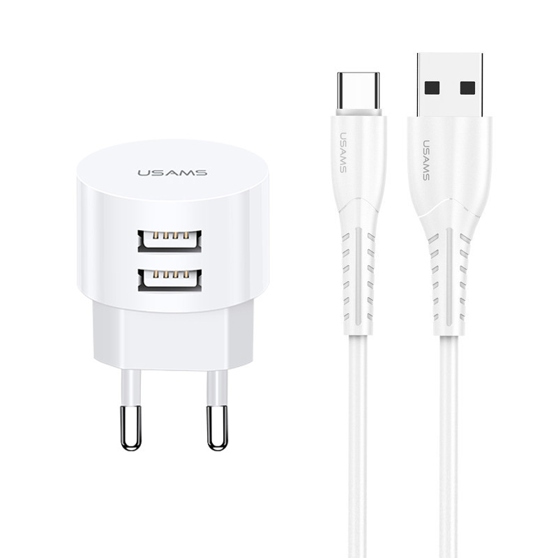 

Сетевое зарядное устройство Usams 5V 2.1A 2xUSB + кабель USB Type-C - комплект White (2255